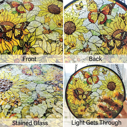 Sunflower Decor Suncatcher Stained Glass Window Hanging - Butterfly Stained Glass Suncatchers for Windows - Sun Catchers Indoor Window with Chain and Hook - Sunflower Gifts for Women Mom Teacher Gift