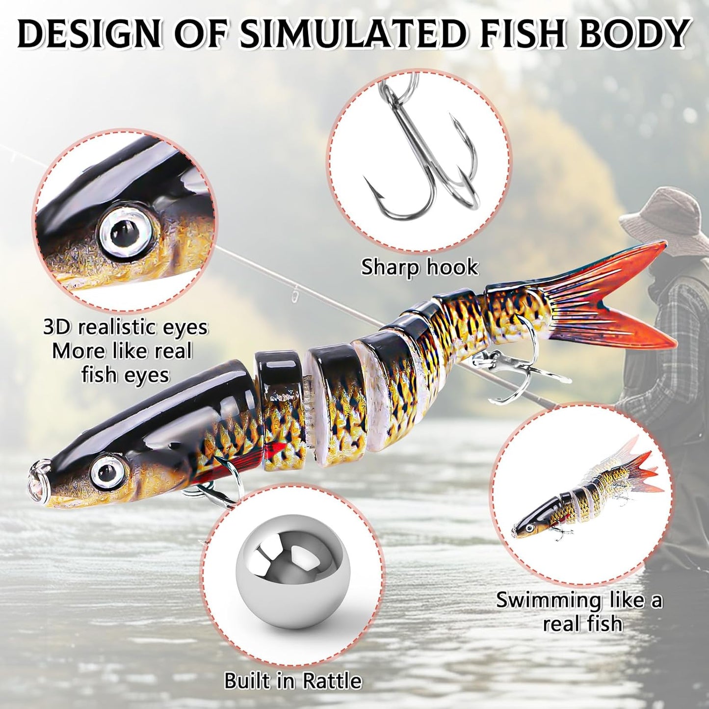 6PCS Swimbait Kit ，Realistic Bait and Surface Bait with Realistic 3D fisheye and Multi Joint Swimming Movements, Perfect for Saltwater and Freshwater Fishing Kits
