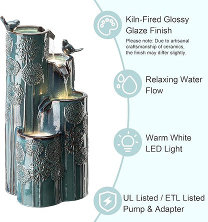 Glitzhome 31.75" H Outdoor Water Fountain with LED Lights and Pump, 4 Tier Dandelion Texture Vase Shaped Ceramic Floor Standing Fountain with Birds for Porch Deck Garden Patio Backyard, Turquoise