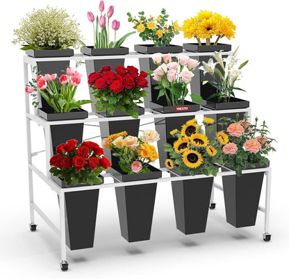 Flower Display Stand 3 Layers with 12 PCS Round Buckets, Plant Stand with Wheels, Movable Metal Plant Stand for Terrace Garden, Living Room, Florist Shop
