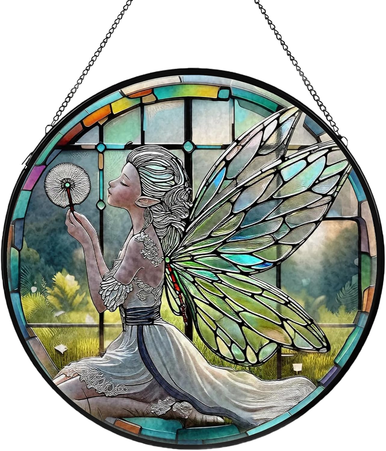 Dandelion Fairy Stained Glass Window Hanging, Suncatcher Diamond Glass Panel Hangings, Sun Catchers Indoor Windows Wall Art, Gifts for Mom Grandma, Christmas Decor for Home Garden Office 7.87 inches