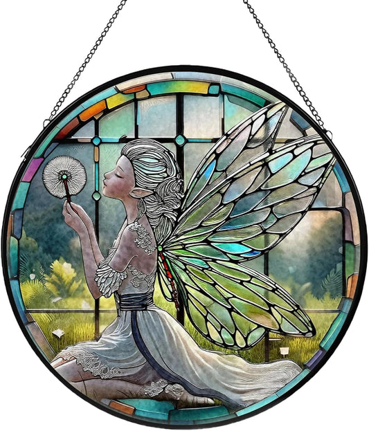 Dandelion Fairy Stained Glass Window Hanging, Suncatcher Diamond Glass Panel Hangings, Sun Catchers