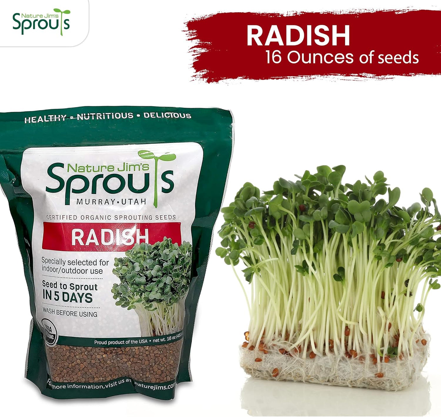 Nature Jims Radish Sprout Seeds – 16 Ounce Organic Sprouting Seeds – Non-GMO Premium Radish – Resealable Bag for Longer Freshness Rich in Vitamins, Minerals, Fiber