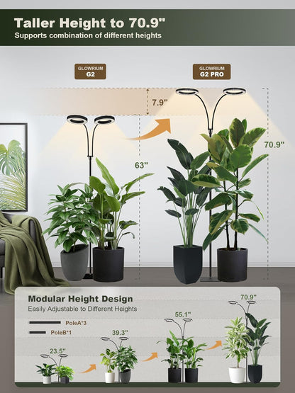 GLOWRIUM 48W LED Dual-Head Grow Light for Indoor Plants, 23.5-71" Adjustable Height, 3-Growing Full Spectrum for Tall Plant Light, 3/9/12/16H Timer, 6-Level Dimming, Ideal for Large Tall Plants