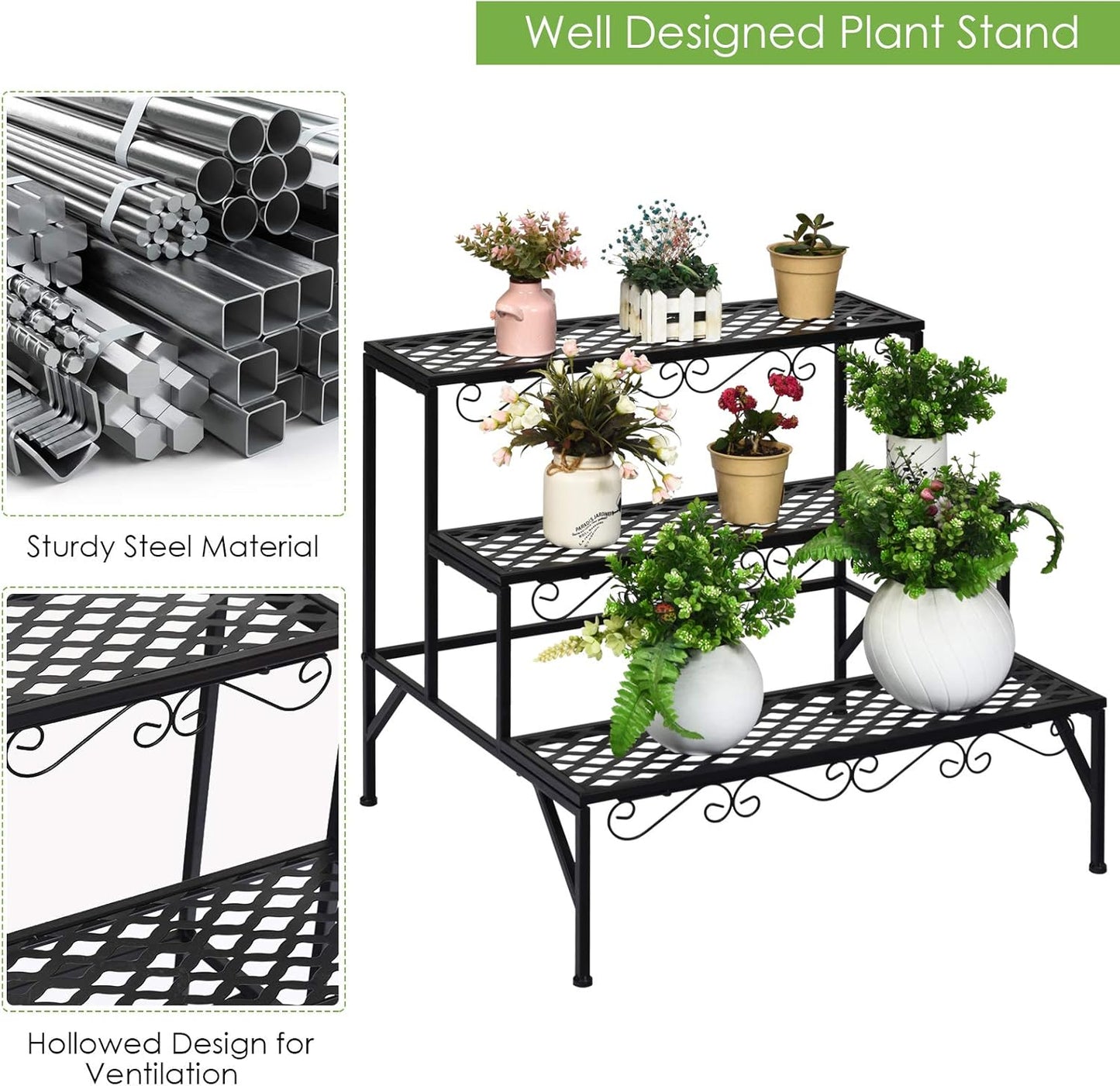 Giantex 3 Tiers Black Metal Plant Stand, Metal Plant Shelf Stands w/ 6-9 Flower Potted Capacity Holders, Multiple Flower Pot Display Rack for Plants Patio Garden Corner Indoor (Rectangular)