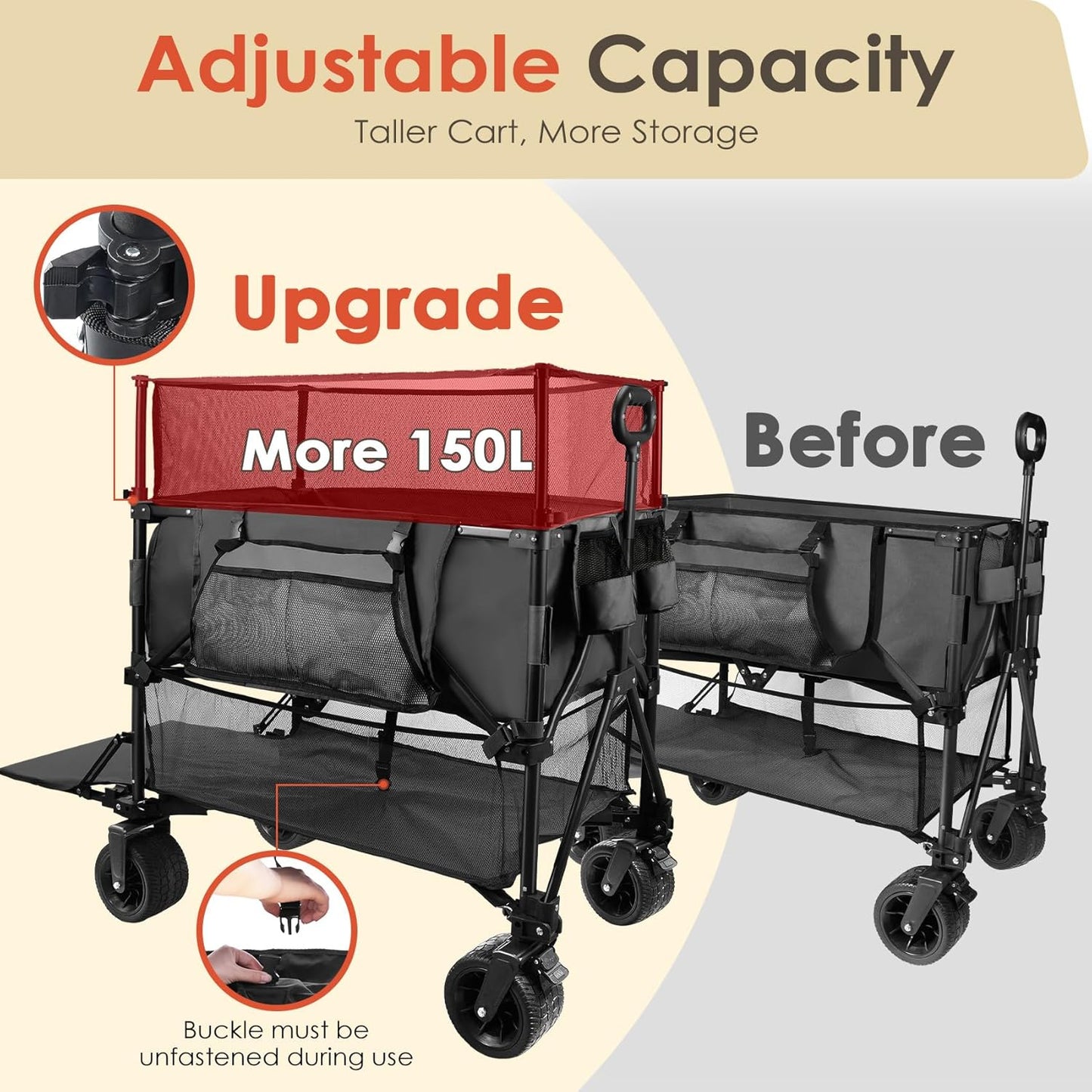 HOPERAN 550L XXL Wagons Carts Foldable, 54" Extra Length & Height Double Deck Collapsible Wagon Cart with Tailgate, 8" Big All-Terrain Wheels, 550lbs Load Utility Grocery Cart for Camping,Sports,Beach