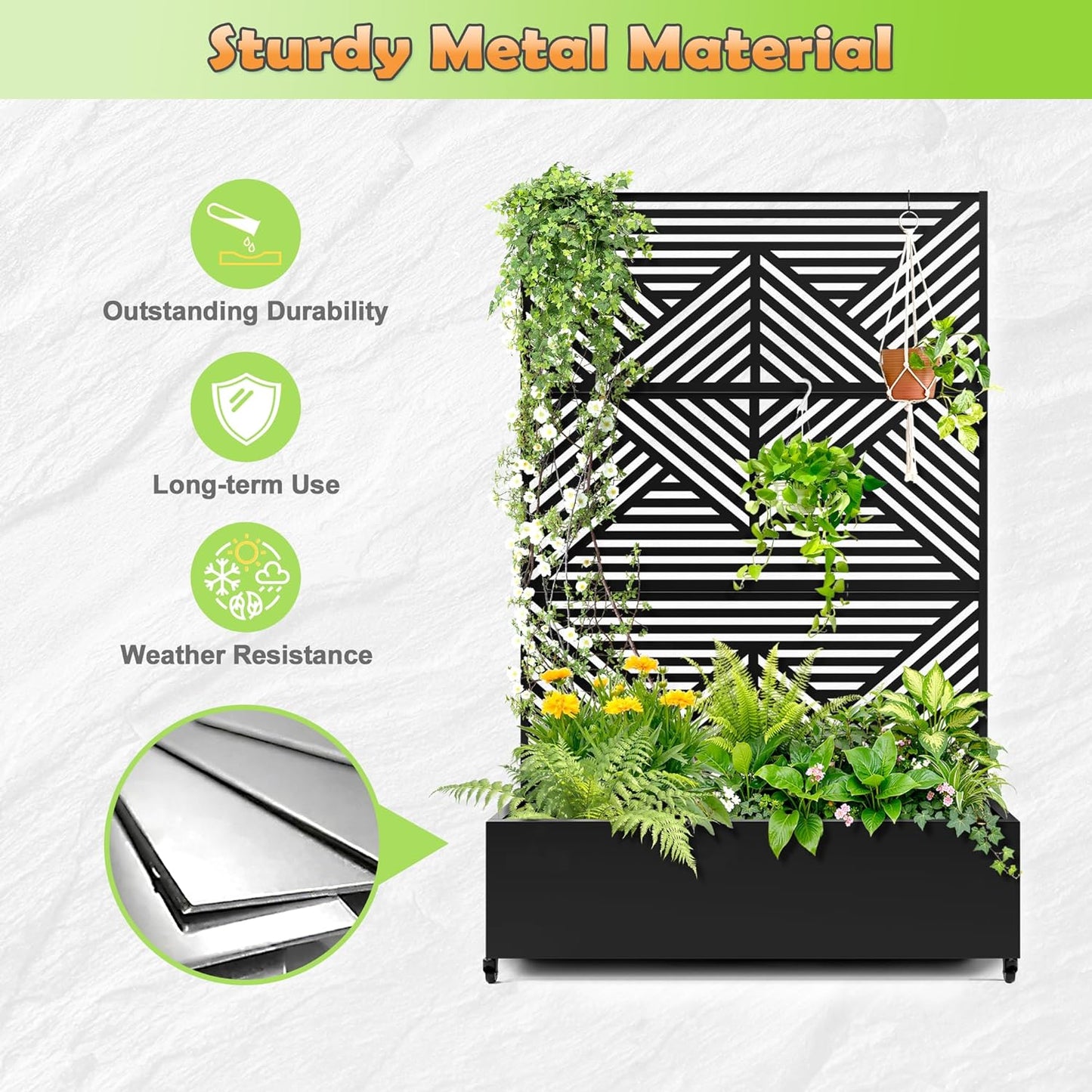 Metal Raised Garden Bed with Trellis, 2-in-1 Planter Box & Privacy Screen for Climbing Plants, Outdoor Standing Flower Bed with Drainage Holes, 47.2" L x 16.7" W x 70.8" H, Black-Zodiac