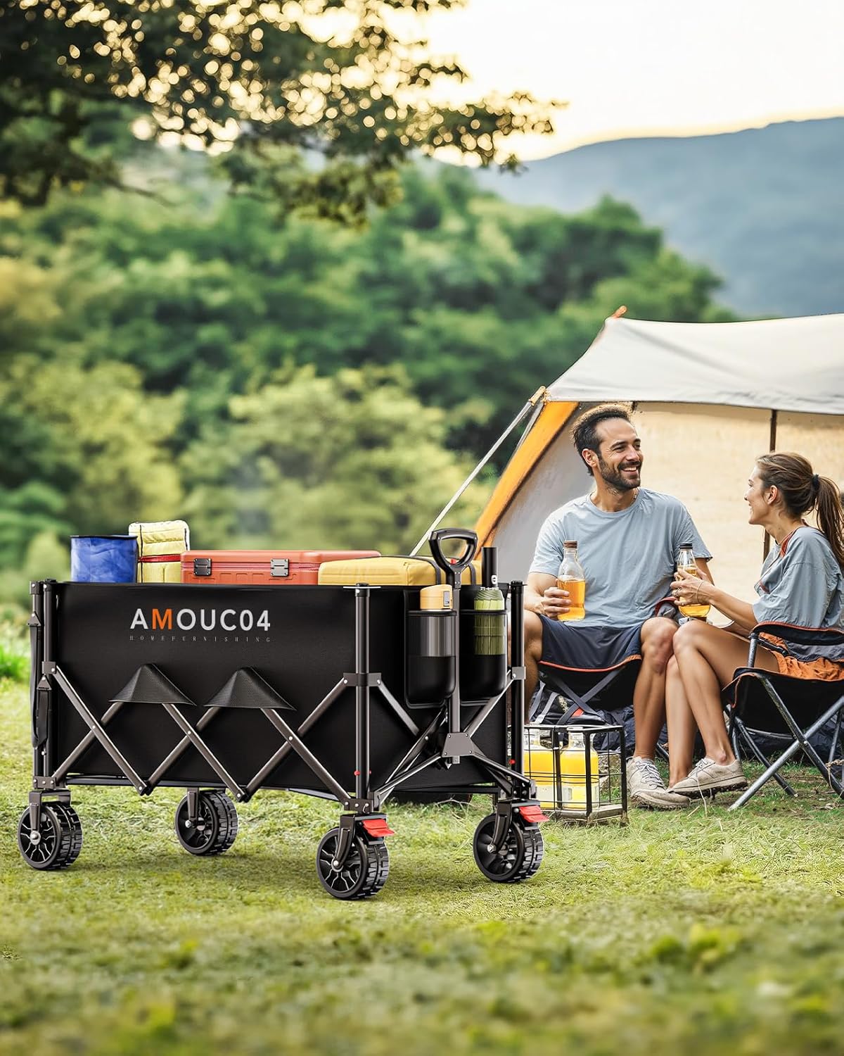 Wagon Cart Foldable, Collapsible Wagon with Expandable Storage, 150L Foldable Grocery Cart with 2 Cup Holders for Outdoor, Garden, Camping &Groceries