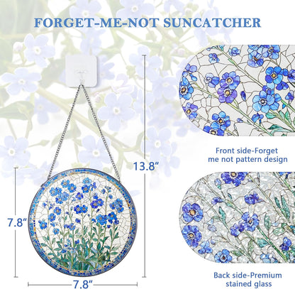 Forget-Me-Not Flower Stained Glass Suncatcher, 7.8 Inch Handmade Blue Floral Window Hanging Decor - Garden, Home Gift for Women, Mom, Grandma