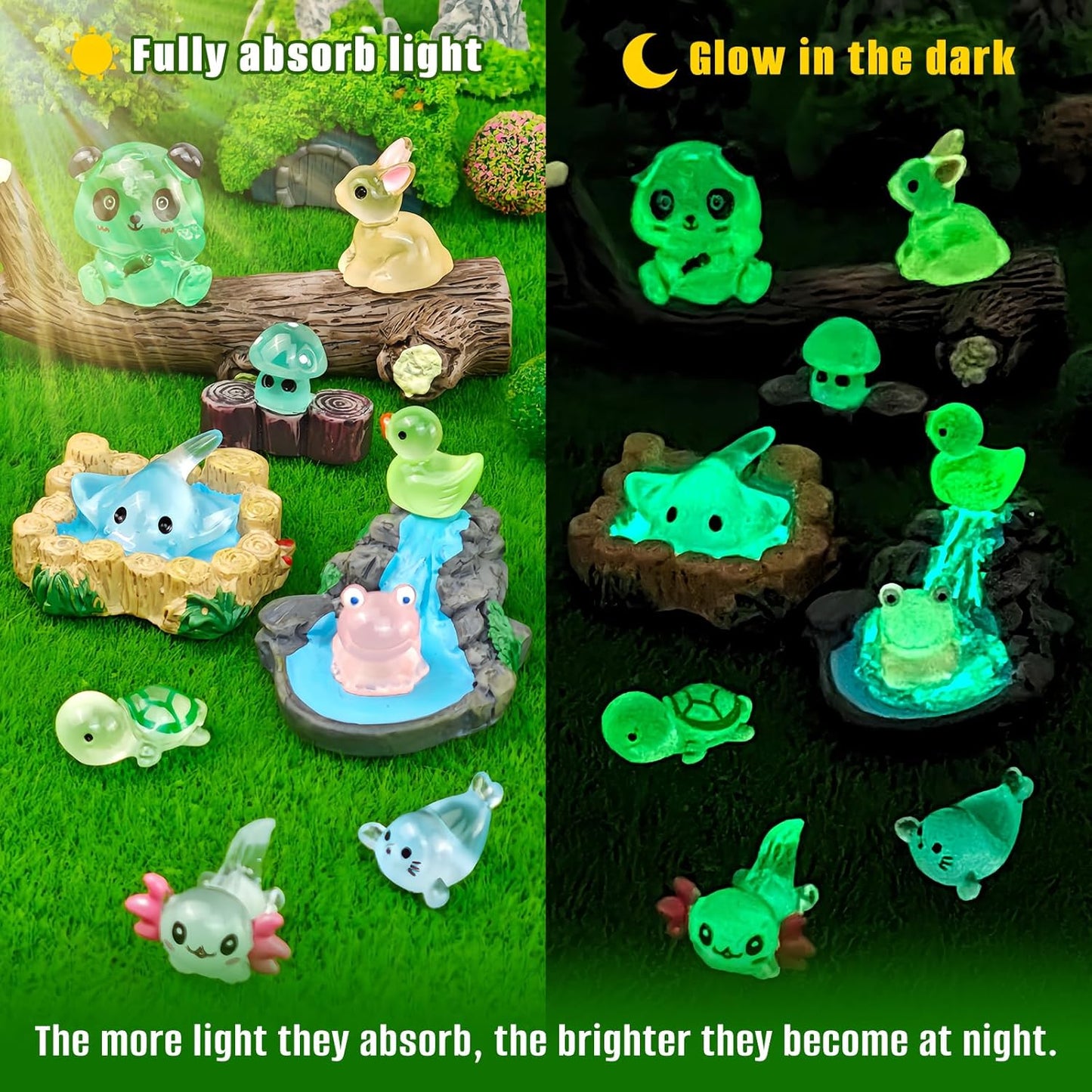 120 Pcs Luminous Mini Resin Animals Glow in The Dark Small Little Tiny Resin Figurines Ducks Axolotls Pandas Garden Miniature Figures for Crafts Micro Landscape Decoration Fairy Garden Accessories