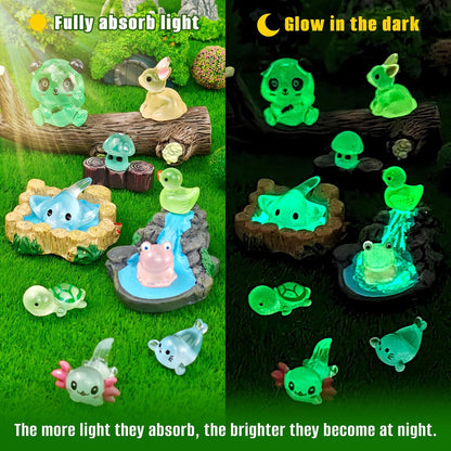 120 Pcs Luminous Mini Resin Animals Glow in The Dark Small Little Tiny Resin Figurines Ducks Axolotls Pandas Garden Miniature Figures for Crafts Micro Landscape Decoration Fairy Garden Accessories