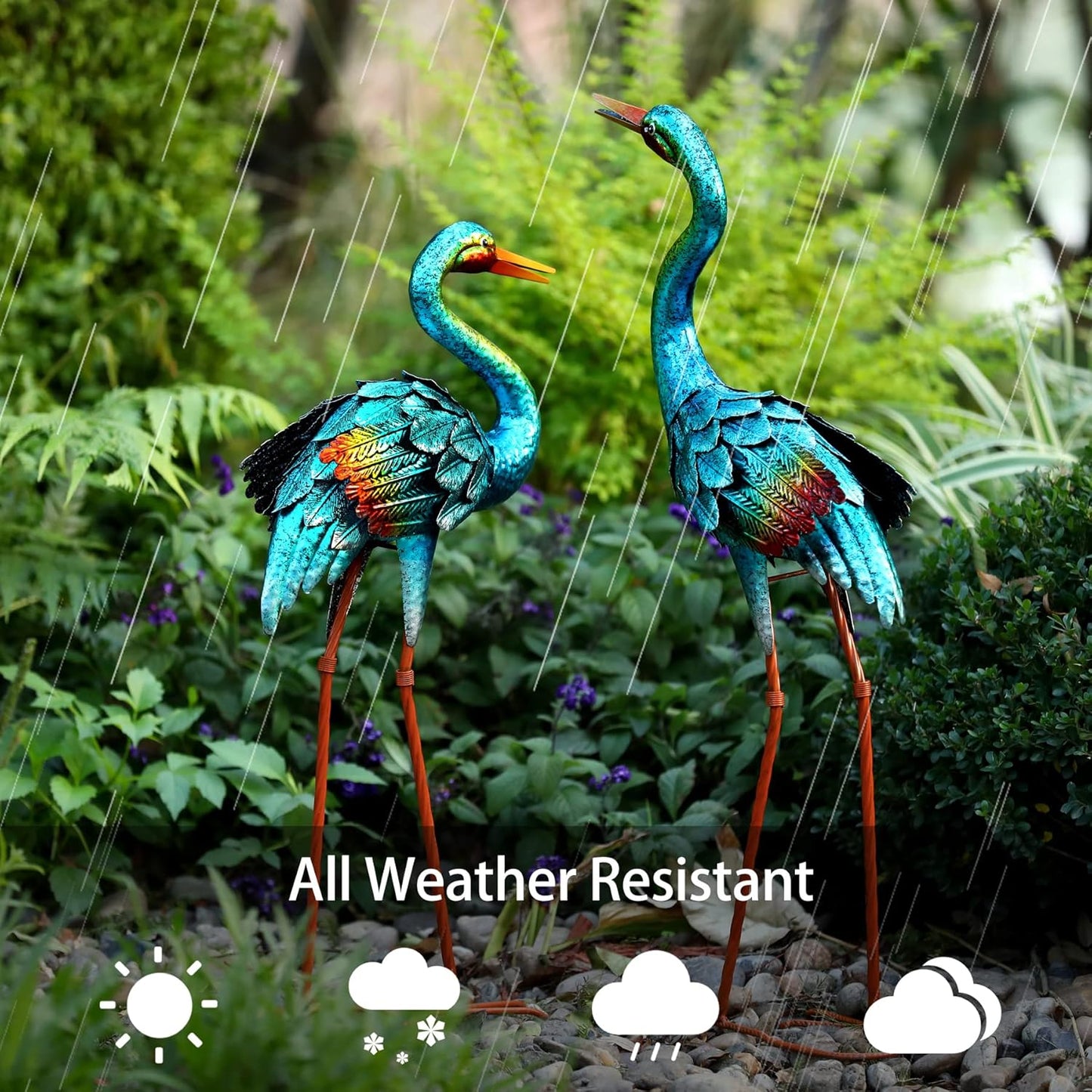 Natelf Crane Statues for Garden Decor, Blue Heron Sculptures, Metal Large Birds Lawn Sculptures & Statue for Patio Pond, Yard Decorations, Set of 2