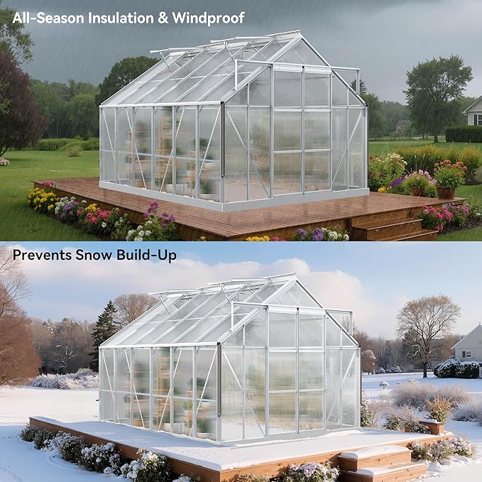 YITAHOME 10x12FT Polycarbonate Greenhouse for Outdoors, Large Heavy Duty Aluminum Greenhouses with Sliding Doors and Vent Window, Walk-in Greenhouse for Garden Backyard, Simple Setup, Silver