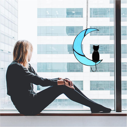 Cat Memorial Gifts Stained Glass Black Cat Decor Window Hanging Ornament Garden Suncatcher Gifts for Cat Lover Cat Gift for Women (Black Cat on Blue Moon)