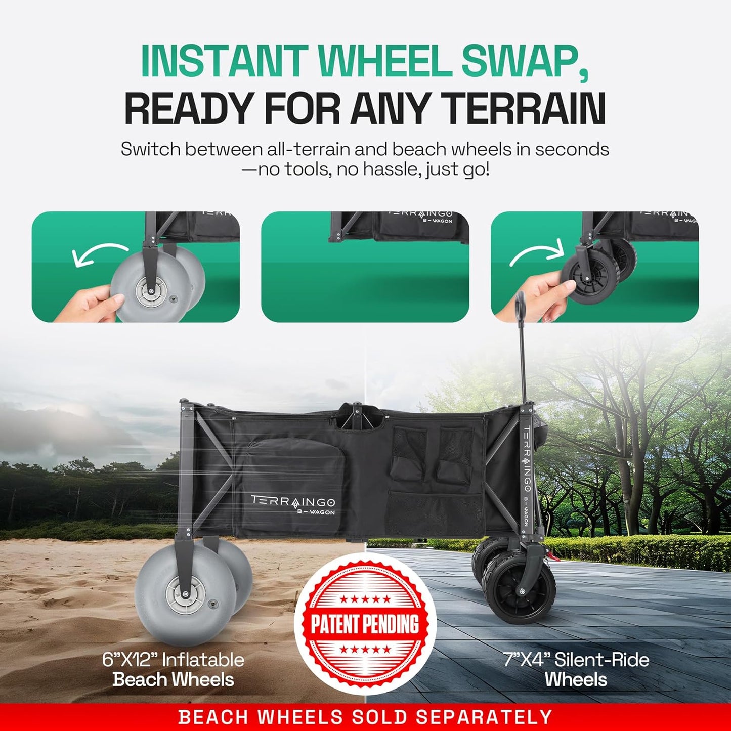 Foldable Beach Wagon Cart- Interchangeable All Terrain Wheels- 12" Beach Wheels Optional- Patent Pending- Gardening, Fishing, Shopping-Built-in Insulated Cooler Pouch, More Storage Pockets, Cupholders