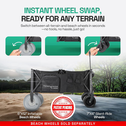 Foldable Beach Wagon Cart- Interchangeable All Terrain Wheels- 12" Beach Wheels Optional- Patent Pending- Gardening, Fishing, Shopping-Built-in Insulated Cooler Pouch, More Storage Pockets, Cupholders