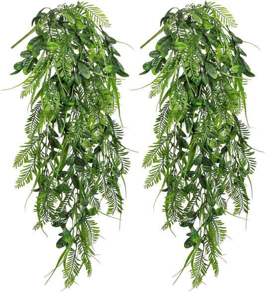 Hollyone 2pcs Artificial Hanging Plant 36" Faux Ferns Artificial Plastic Greenery Ivy Leaves Fake