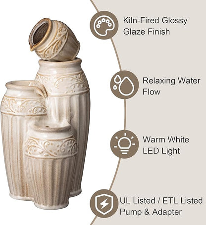 Glitzhome 27.25" H Outdoor Garden Water Fountain with LED Lights and Pump, 4 Tier Sand Beige Embossed Pattern Ceramic Pots Cascading Floor Standing Fountain for Porch Deck Patio Backyard Decoration