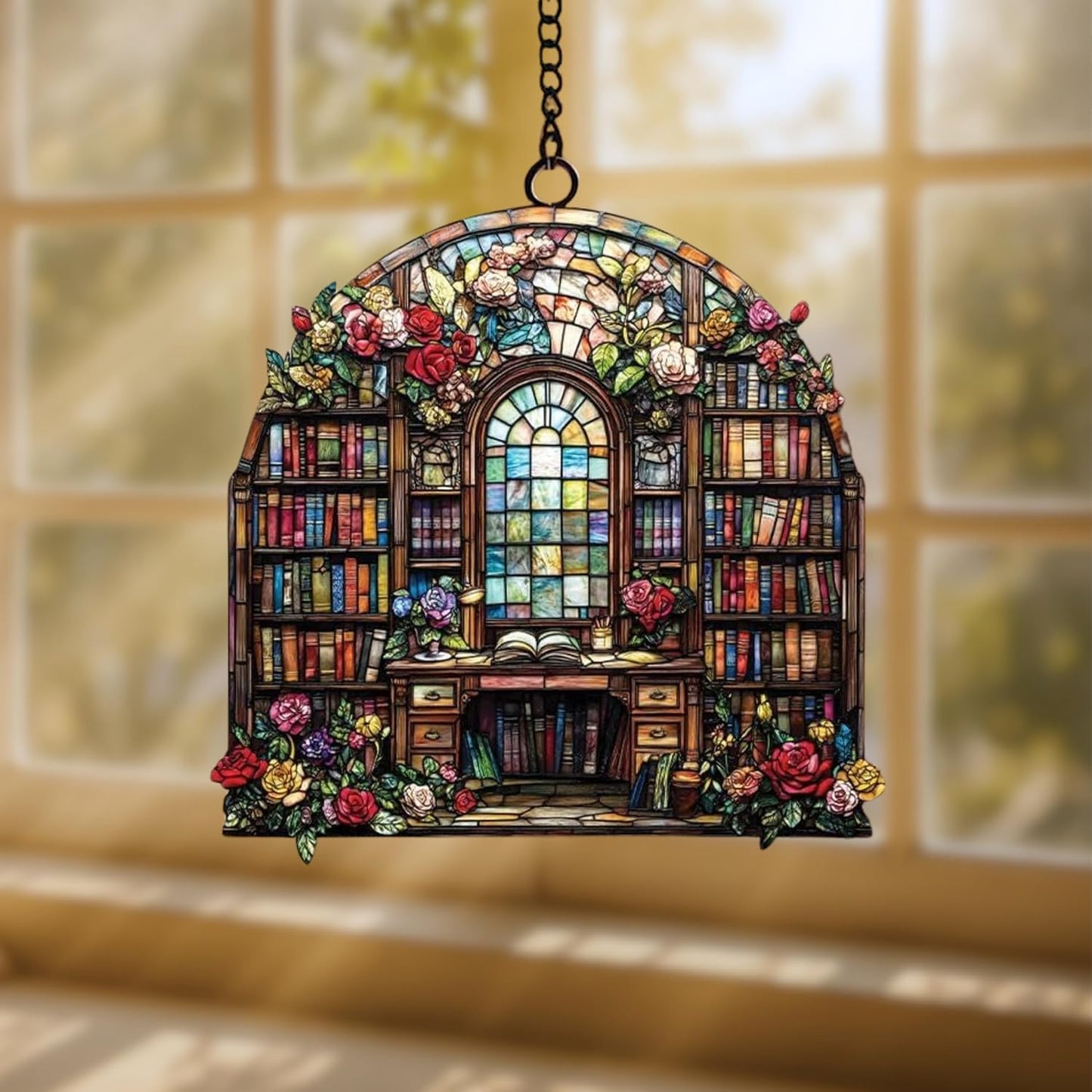 Book and Flower Bookish Acrylic Suncatcher Stained Glass Effect Window Car Hanging Christmas Ornament Indoor Outdoor Decor Garden Bookworm Sun Catcher Book Lover for Women Mom Grandma