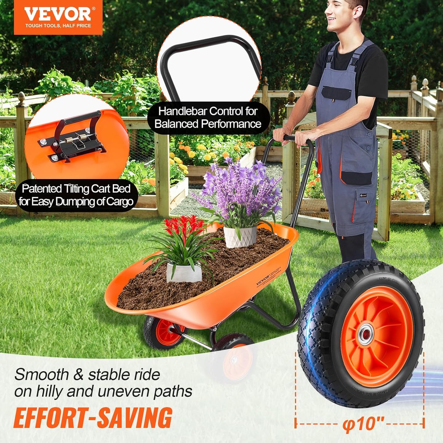 VEVOR Wheelbarrow Cart, 5 Cu. Ft. Load & 397 lbs Capacity, 2 Wheels Garden Dump Cart, Garden Wagon with Handle & 10" Wide Track Wheels, Easy Loading Utility Yard Cart & Wagons for Outdoor Lawn Yard
