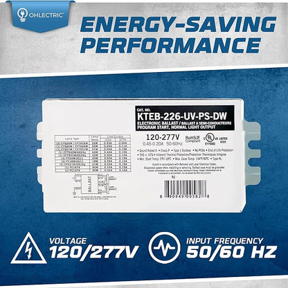 OHLECTRIC Replacement for Keystone KTEB-226-UV-PS-DW | 2 Lamp Compact Fluorescent Electronic Ballast | 26 Watts & 120-277V Input | High Power Factor & Program Start | UL Listed