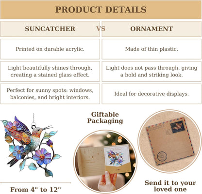 Colorful Hummingbird Acrylic Suncatcher Stained Glass Effect Window Car Hanging Christmas Ornament Indoor Outdoor Decor Garden Sun Catcher Panel for Bird Lover for Women Mom Grandma
