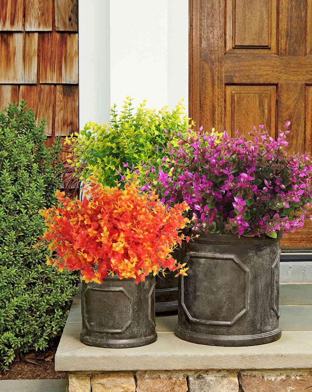 RECUTMS Artificial Flowers, Fake Outdoor UV Resistant Plants Faux Plastic Greenery Shrubs Indoor Outside Hanging Planter Home Kitchen Office Wedding, Garden Decor(Fuchsia Eucalyptus)