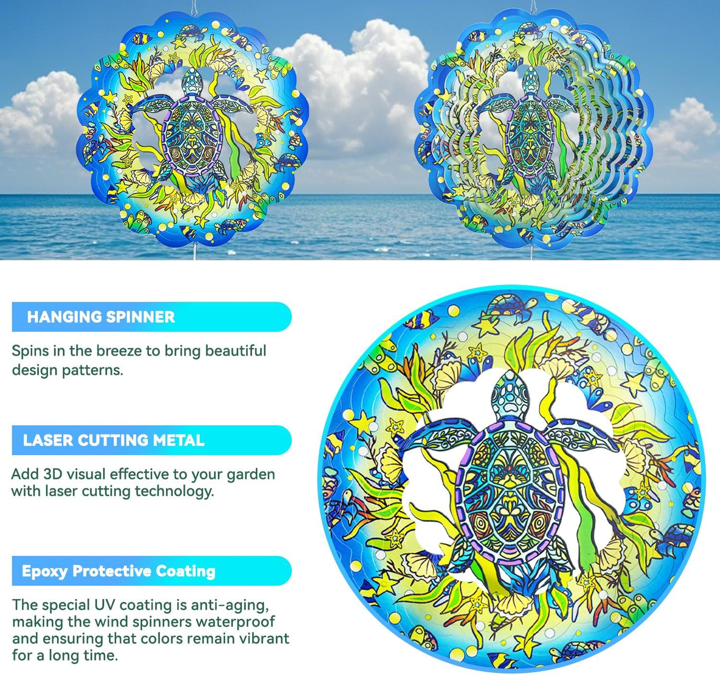 Wind Spinners,12 inch Sea Turtle with 360° Swivel Hook for Yard and Garden, Bird Wind Catcher, Metal Wind Spinners Outdoor for Lawn Hanging Crafts Decor Kinetic Yard Art Ornament Gifts