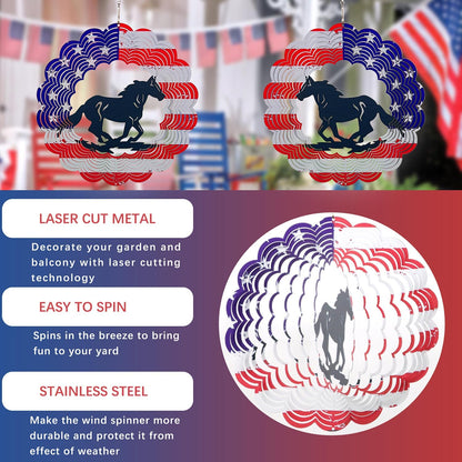 3D Patriotic Horse Wind Spinner Decor - 12 Inch Metal Garden Art, Rust-Proof Outdoor Hanging Decorations, Patriotic American Flag Design, for Horse Lovers(Horse)