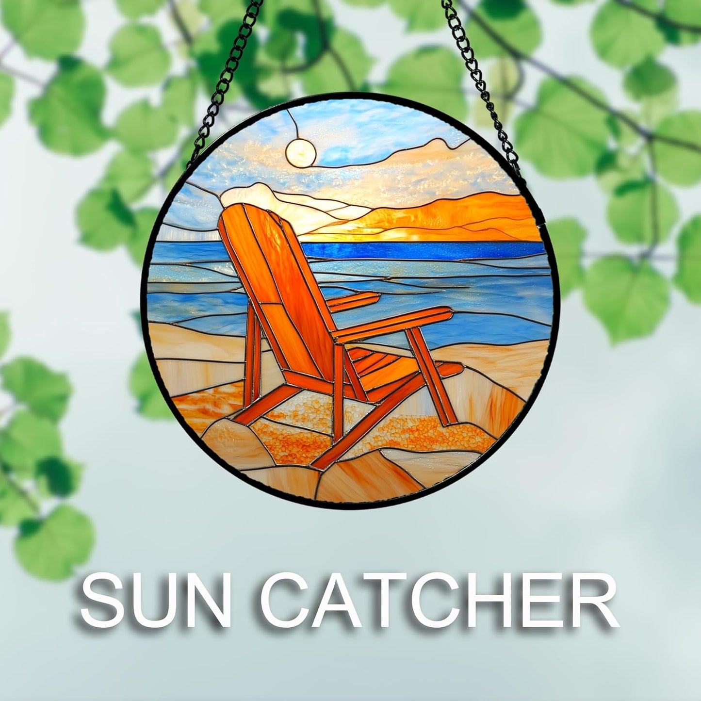 Stained Glass Window Hanging 4 Pcs Set Blue Orange Ocean Beach Theme 7.8" - Suncatcher Door Garden Sun Catcher Decor Birthday Christmas for Mom Woman Nana Men Wife