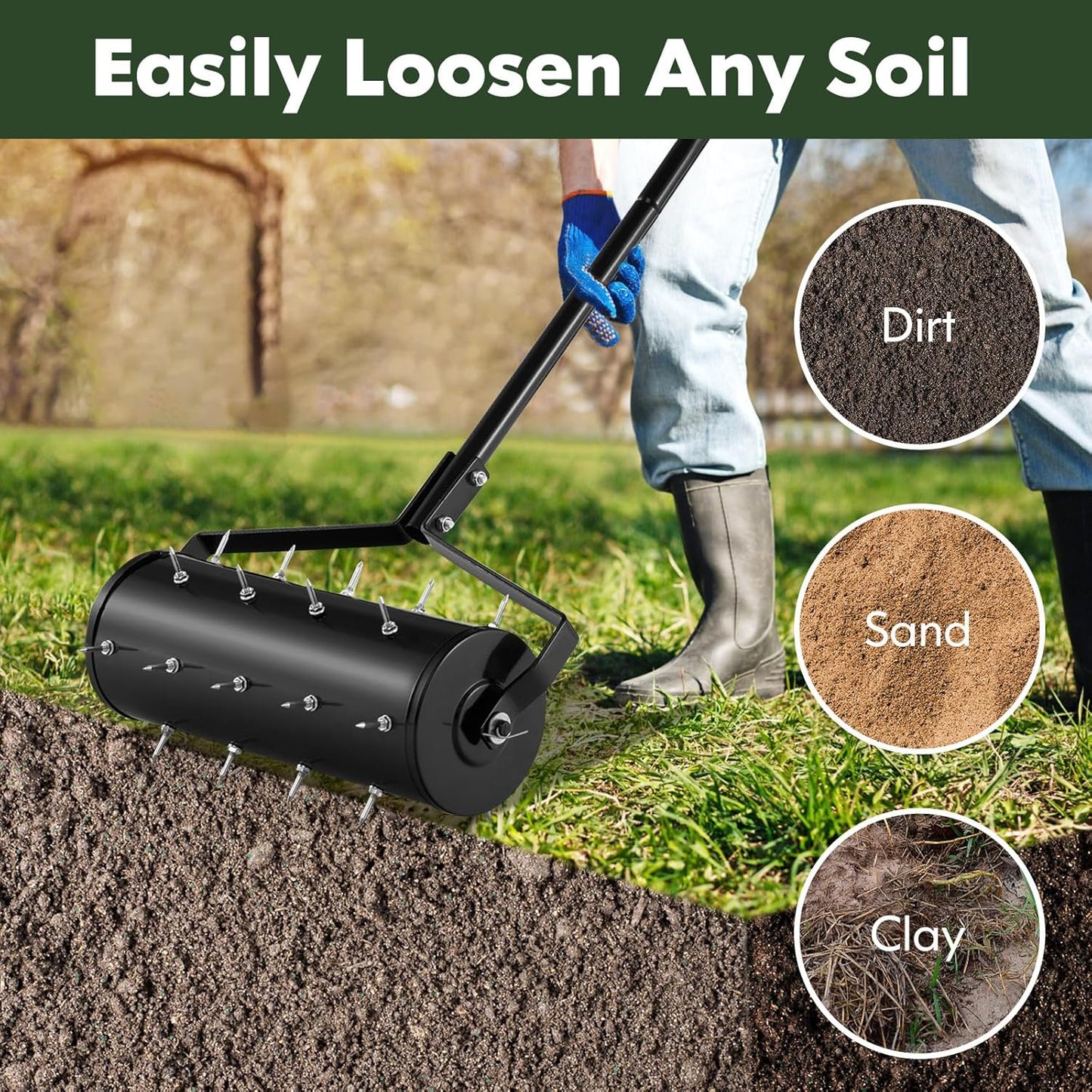 S AFSTAR 18" Manual Lawn Aerator, Heavy Duty Rolling Aerator Lawn Tool Filled Sand Stone with 51" Detachable Handle & Tine Spikes for Soil Loosening, Push Grass Aeration for Garden Yard, Black