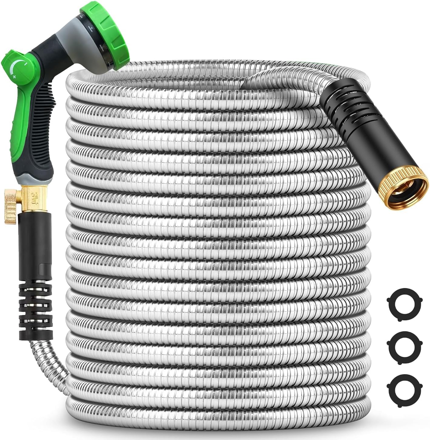 100Ft Metal Garden Hose durable stainless steel Water Hose, flexible, lightweight hose is resistant to kinks and tangles.With 10-way nozzle, strong 3/4” metal fittings, and a shut-off valve.