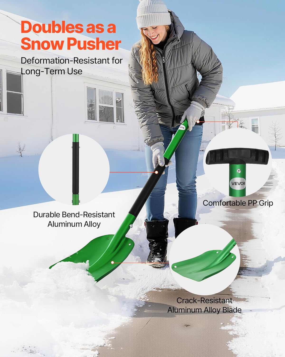 VEVOR Snow Shovel for Driveway, 8.5 in Wide Aluminum Alloy Snow Shovel with T-Shaped Handles, Large Capacity Snowplow Shovels, Portable & Lightweight Snows Removal Tool for Garden Car Camping
