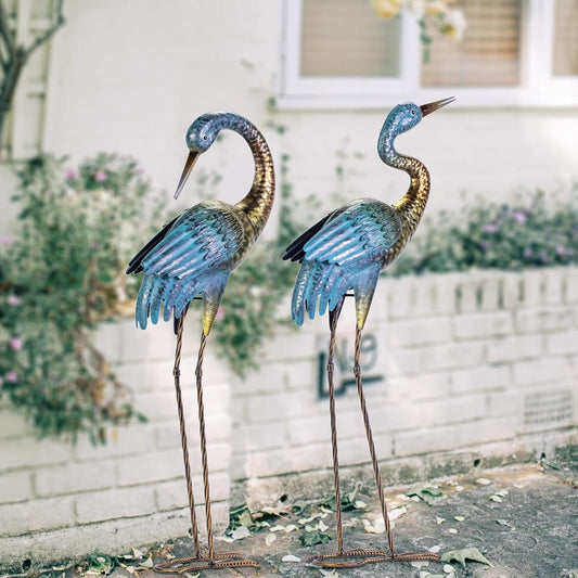 Natelf Garden Crane Statues Outdoor, Standing Blue Heron Decoy Sculptures, Metal Bird Yard Art for