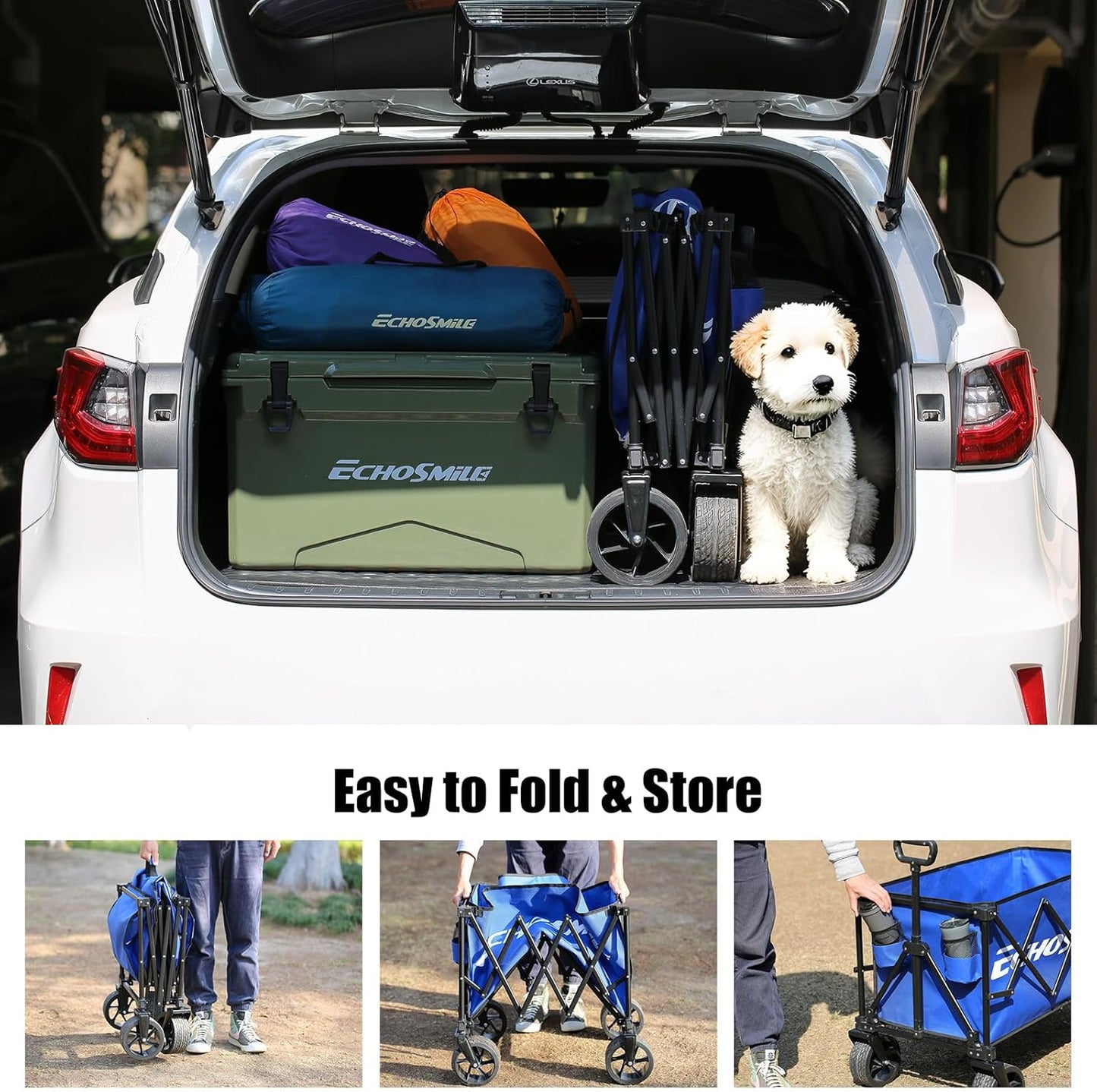 EchoSmile Collapsible Folding Wagon Cart 360lbs, Heavy Duty Garden Utility Cart with All Terrain Wheels, Large Capacity Outdoor Wagon for Camping, Beach, Shopping, Picnic (Blue)