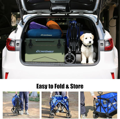EchoSmile Collapsible Folding Wagon Cart 360lbs, Heavy Duty Garden Utility Cart with All Terrain Wheels, Large Capacity Outdoor Wagon for Camping, Beach, Shopping, Picnic (Blue)