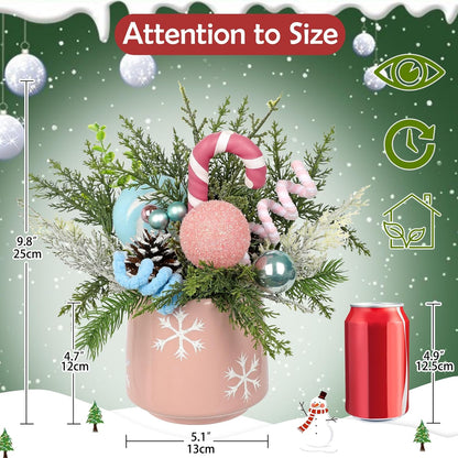 Christmas Centerpieces for Tables, Small Christmas Table Arrangements with Ceramic Vase Pink & Blue Winter Holiday Table Centerpiece with Pine Branches Candy Cane Decor for Tabletop Dinner Tables