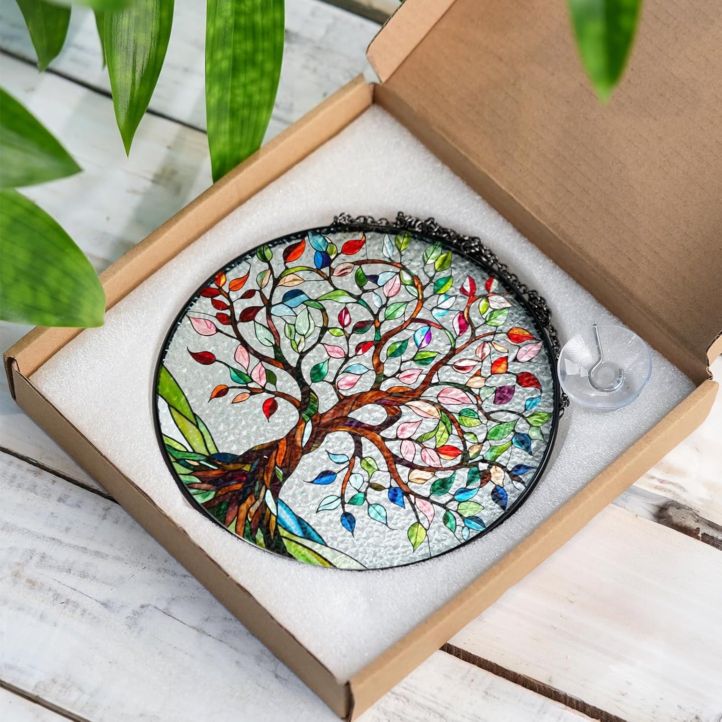 6" Tree of Life Stained Glass Suncatcher for Window, Handcrafted Boho Sun Catcher Decor, Spiritual Nature Ornament Gift for Women, Meditation Garden Home Office Wall Hanging Decoration