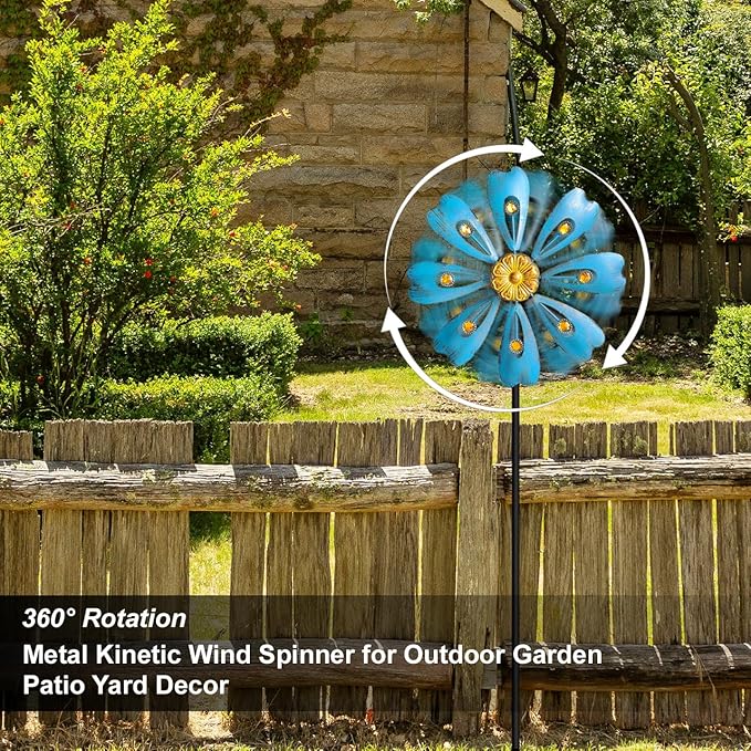 Flower Outdoor Metal Wind Spinner, Single-Layer Kinetic Garden Art with Vibrant Blue Finish - Weatherproof Wind Sculpture for Lawn, Patio, Yard Decor - 10''W x 36''H