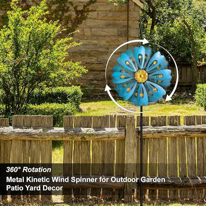Flower Outdoor Metal Wind Spinner, Single-Layer Kinetic Garden Art with Vibrant Blue Finish - Weatherproof Wind Sculpture for Lawn, Patio, Yard Decor - 10''W x 36''H