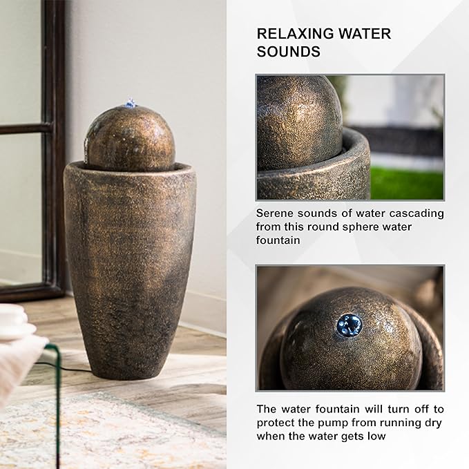 XBrand 25.98" H Round Stone Indoor/Outdoor Modern Stone Textured Sphere Water Fountain w/LED Lights, Ball Water Fountain Decor, Garden Sphere Fountain, Patio Fountain, Outdoor Fountain, Bronze
