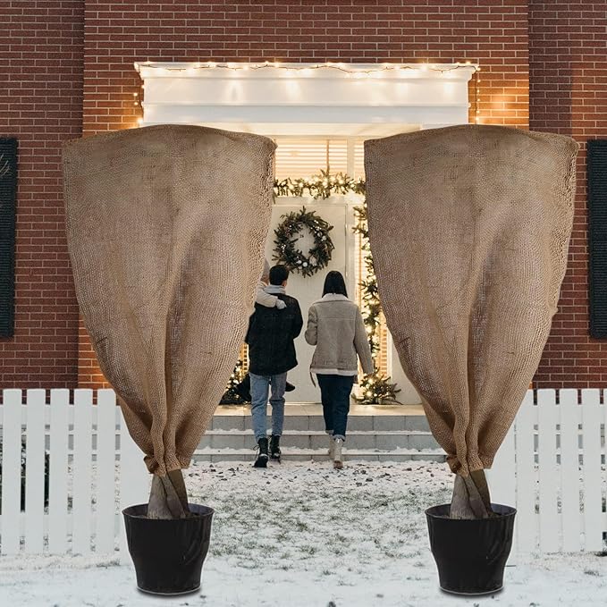 Svepndic 2PCS 47''x40'' Reusable Warm Burlap Winter Plant Cover Bags with Drawstring Burlap Plant Covers Freeze Protection Plant Frost Cloth Cold Freeze Blanket Protecting Fruit Tree Potted Plants