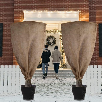Svepndic 2PCS 47''x40'' Reusable Warm Burlap Winter Plant Cover Bags with Drawstring Burlap Plant Covers Freeze Protection Plant Frost Cloth Cold Freeze Blanket Protecting Fruit Tree Potted Plants