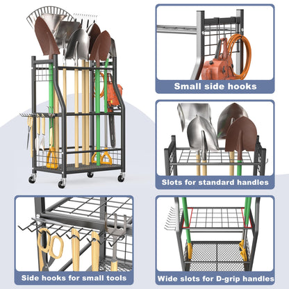 WALMANN Garden Tool Organizer with Wheels for Garage, Rakes/Shovels/Yard Tools Storage Stand for