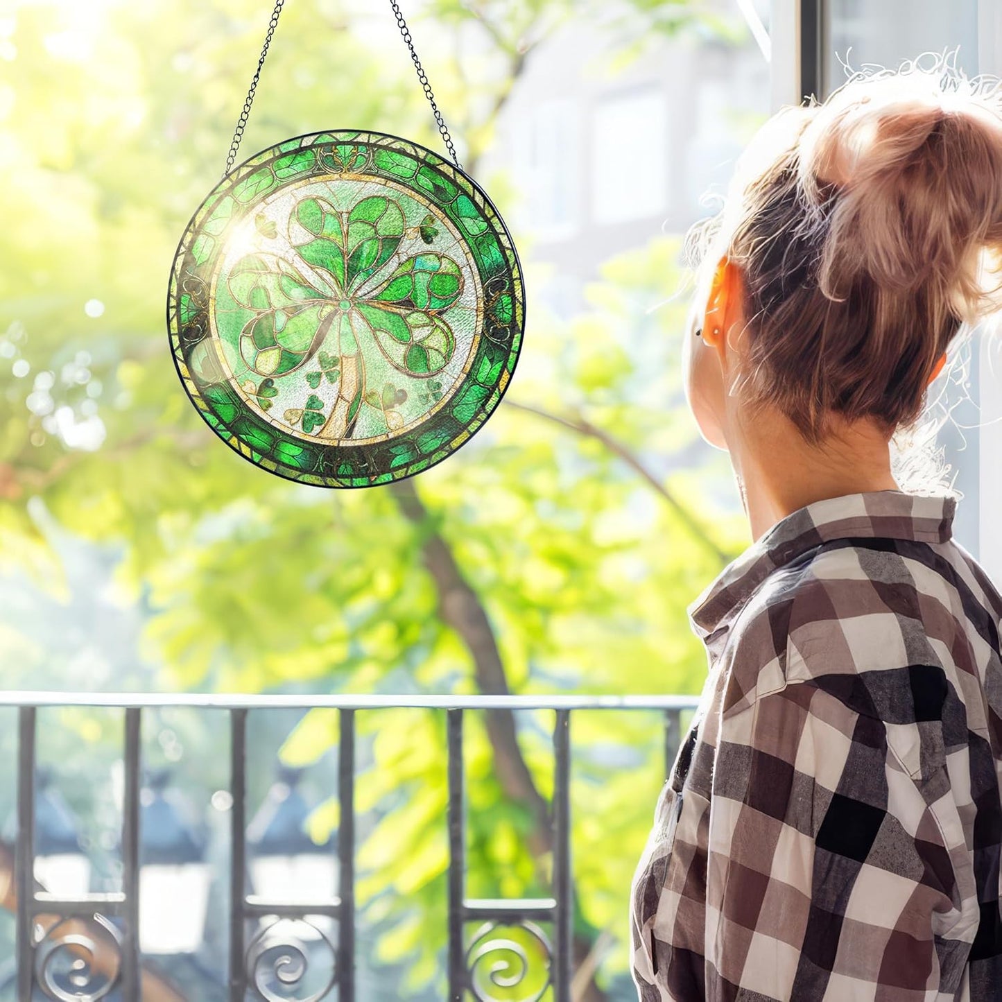 FLAGWIX Christmas Irish Gifts for Women Men - 100% Stained Glass Hanging Suncatcher 8 in - Birthday Christmas Irish Decorations for Family Friends, Shamrock Home Decor, St Patricks Day Decorations