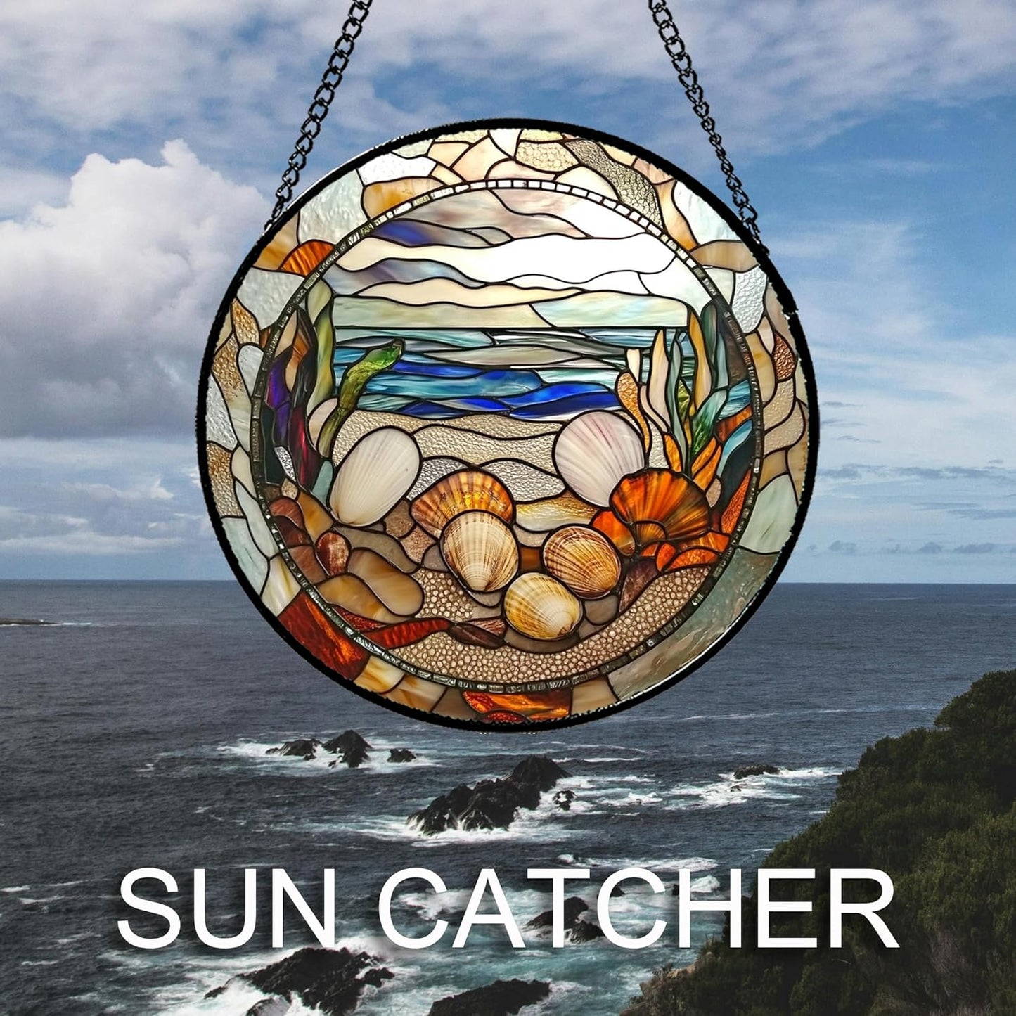 Stained Glass Window Hanging Conch Shells Ocean Seaweed 9.8" - Suncatcher Door Garden Sunroom Sun Catcher Home Decor Housewarming Birthday for Mom Grandma Men Woman