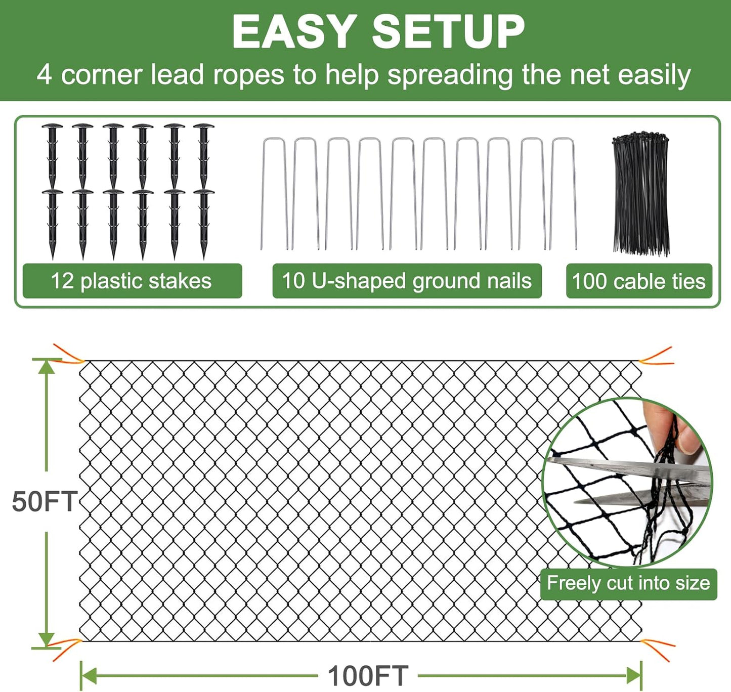 Bird Netting - 50’ x 100’ Garden Net with 1” Square Mesh Protect Fruit Trees from Poultry and Deer, Heavy Duty Garden Netting as Fruit Net, Aviary Netting for Farm, Orchard