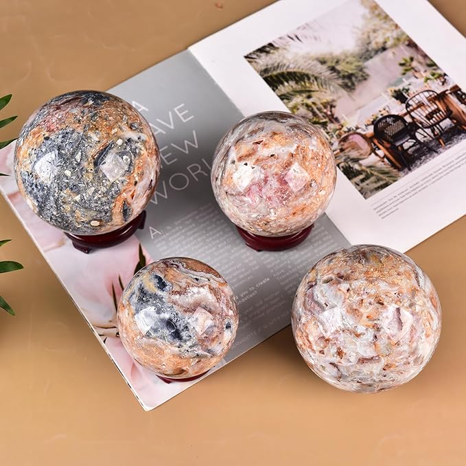 JIC Gem Large Striped Agate Crystal Sphere Ball with Wooden Stand Healing Crystal Decorative Ball Meditation Feng Shui 90-100mm