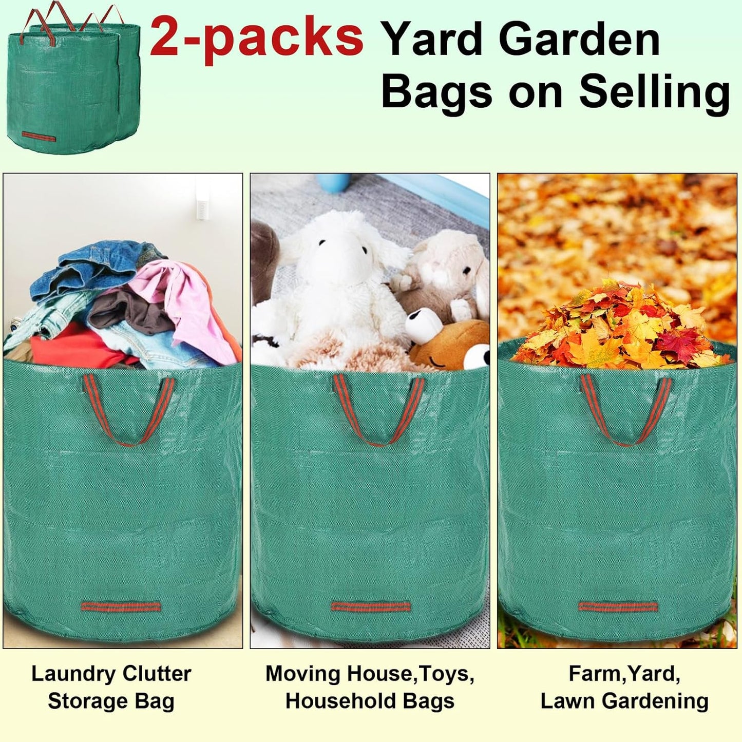 2 PCS 106 Gallon Reusable Lawn and Leaf Bags with 4 Handles, Lawn Pool Garden Heavy Duty Yard Waste Bags for Leaves, Trash, Yard Waste (Green)