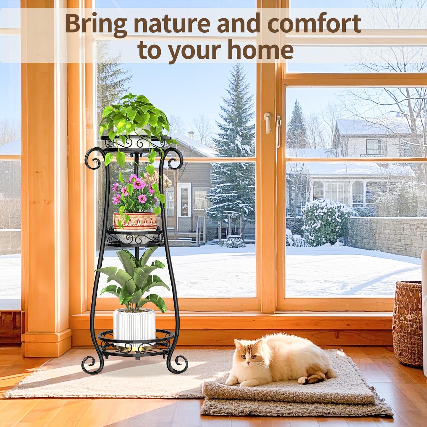 LASZOLA 3 Tier Black Metal Plant Stand for Multiple Large Planters Indoor Outdoor Organizer, Heavy Duty Tall Flower Stand for Corner Patio Bathroom Office, Modern Sturdy Vertical Iron Rack, Cat Proof